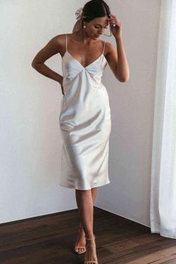 Sırt Dekolteli Uzun Saten Gecelik Elbise Beyaz